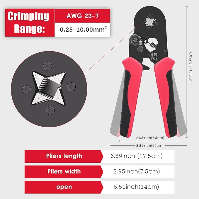 Ferrule Crimping Tool Kit, Square Crimping Tools, AWG 23-7 Self-adjustable Ratchet Wire Crimping Tool Kit Crimper Plier Set with 1200PCS Wire Connectors