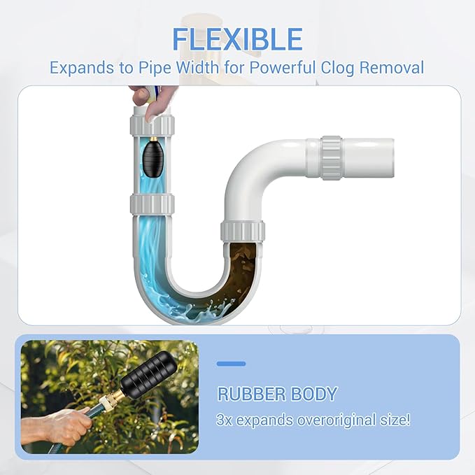 Drain Cleaning Bladder- Fits 1" to 2" Pipes, 3/4" Hose Thread Valve,Ideal for Sinks, Showers, Tubs & Sewer Lines, Rubber, Easy Daily Use, Cold Water Only (3Pc)