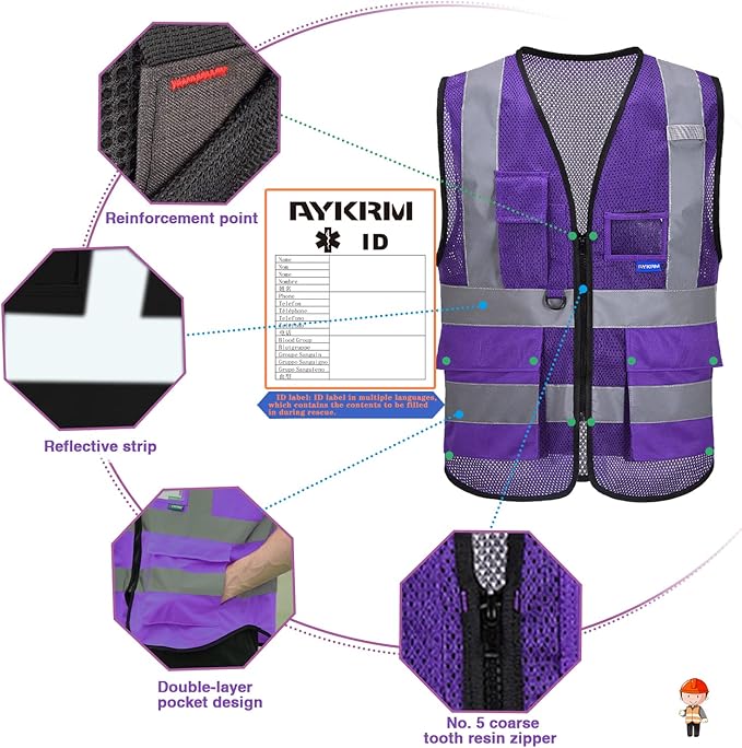 A-SAFETY High Visibility Mesh Safety Reflective Vest with Pockets and Zipper,Hi Viz Work Vest for Men Women (Purple Mesh M)