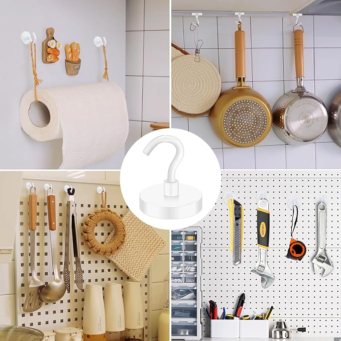 MIKEDE Strong Magnetic Hooks, 110Lbs Heavy Duty Magnetic Hooks for Cruise, Neodymium Earth Magnets with Hooks for Hanging, Super Metal Magnetic Hanger for Grill, Storage (White,10 Pack)