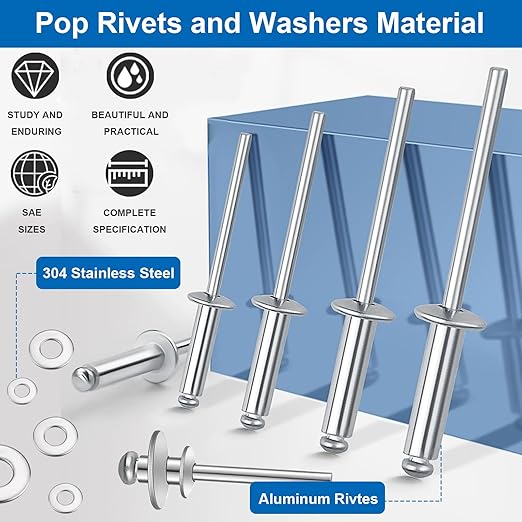 smseace 200Pcs1/8"x1/4" Pop Rivets with Washer Assortment Kit 3.2x6.4mm Pop Rivets and 1/8" 304 Stainless Steel Backup Washers Aluminum Rivets kit for Metal/Furniture/Automotive/Instruments