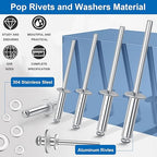 smseace 200Pcs 3/16"x1/2" Pop Rivets with Washer Assortment Kit 4.8x12.7mm Pop Rivets and 3/16" 304 Stainless Steel Backup Washers Aluminum Rivets kit for Metal/Furniture/Automotive/Instruments