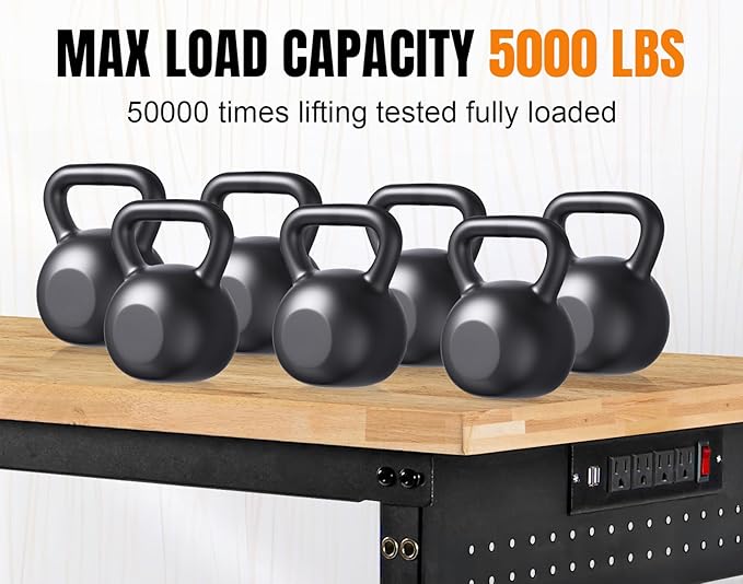 72” Adjustable Height Workbench, 5000 LBS Heavy Duty Table Rubber Wood Workstation with Power Outlet & Pegboard for Garage, Office, Workshop, Home,Commercial