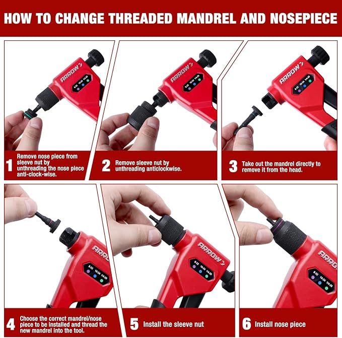 Arrow Rivet Nut Tool, 8" Rivet Nut Gun Kit Designed for Tight Space, Rivet Nut Setter with 3 Pcs Mandrels (8-32, 10-24, 1/4-20), 75 Pcs Rivnuts and 3 Pcs Drills, Sturdy Case Packed