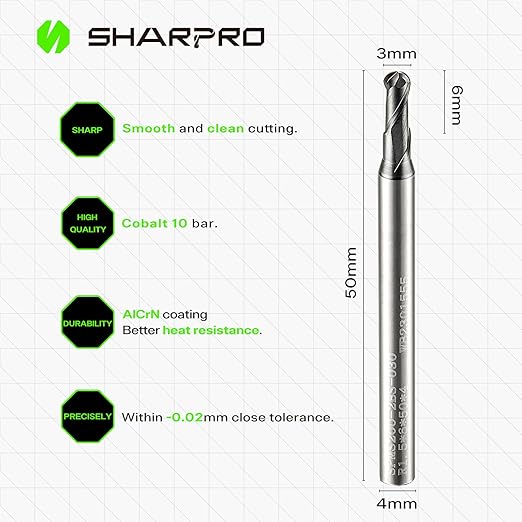 Carbide Ball Nose End Mills Set 2 Flute 4mm SHK. 3mm Cutting Dia. 3D Carving, High-Speed and Deep Cutting, AlCrN Coated, Apply for Alloy Steel, Stainless Steel and Various Cast Iron. (5PCS)