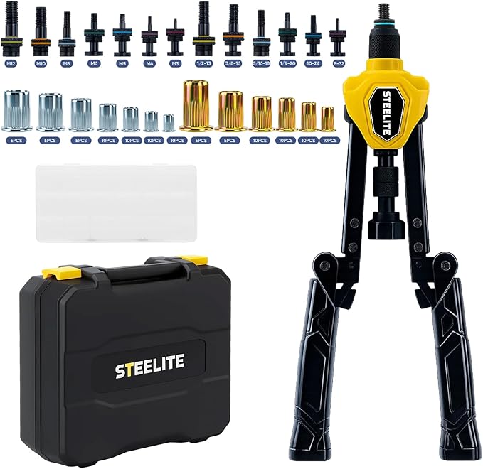 Steelite Foldable Rivet Nut Tool Kit, 15-Inch Rivnut Tool with 13 Metric and SAE Mandrels, Professional Hand Riveter with 105Pcs Rivnuts Assortment Kit