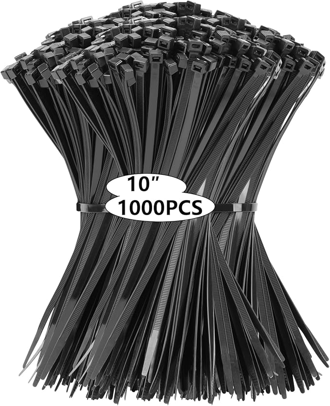 1000PCS 10 inch Black Zip Ties 75LBS Tensile Strength Self-Locking heavy duty UV Resistant Cable Tie Wraps for indoor and outdoor use(Black)