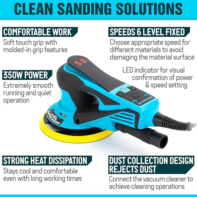 Autolock Electric Random Orbital Sander, 350W Brushless Motor with 5 & 6 Inch pads, 10000RPM Electric Palm Sander for Woodworking, Sanding and Polishing (Blue)