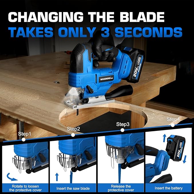 Jig Saw Compatible with Makita 20V MAX Battery, Brushless Motor, cordless jigsaw, 3200 SPM, 25mm stroke, 4-stage track, 45° left-right tilt, LED Light, Tool-free blade changes
