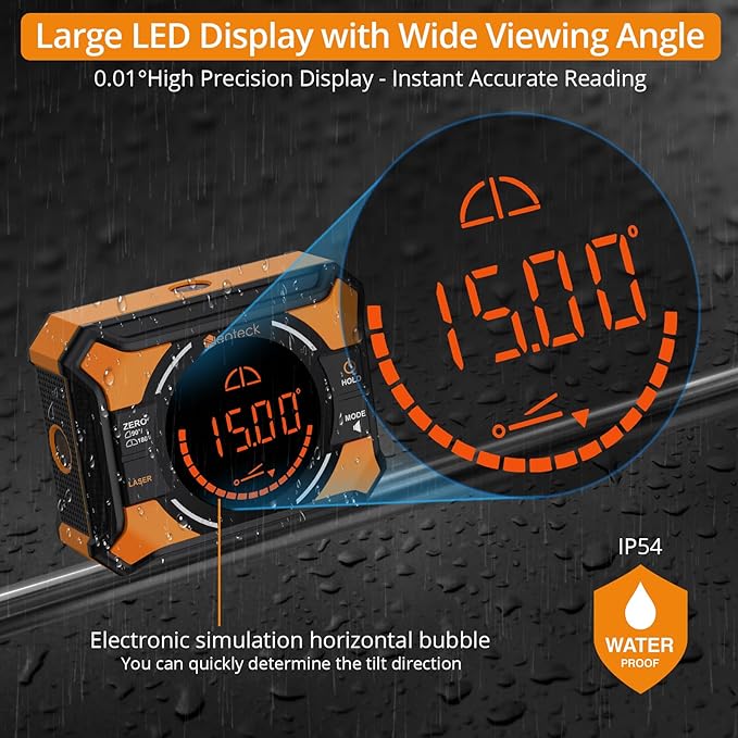 Neoteck Digital Angle Finder with Dual Laser (Class 2 Laser, 1mW Power Output) 4x90/2x180°Angle Gauge with LED Display and Data Hold USB Charging Level Box with Bottom and Back Strong Magnetic