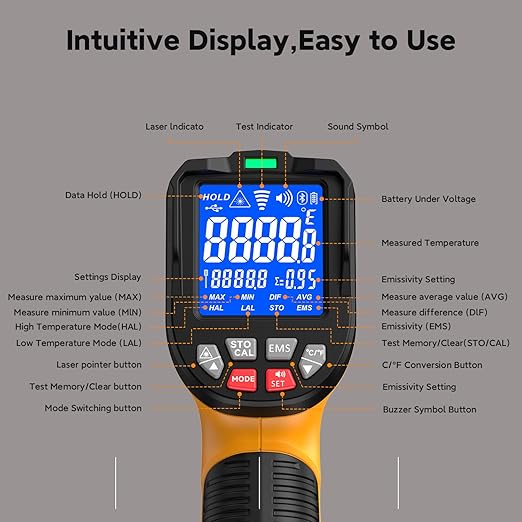 -58°F to 3992°F High-Precision Triple-Laser Infrared Thermometer, 50:1 Measuring Range, Suitable for Industrial and Home Applications, Industrial furnaces, Metal Processing, and HVAC Inspection