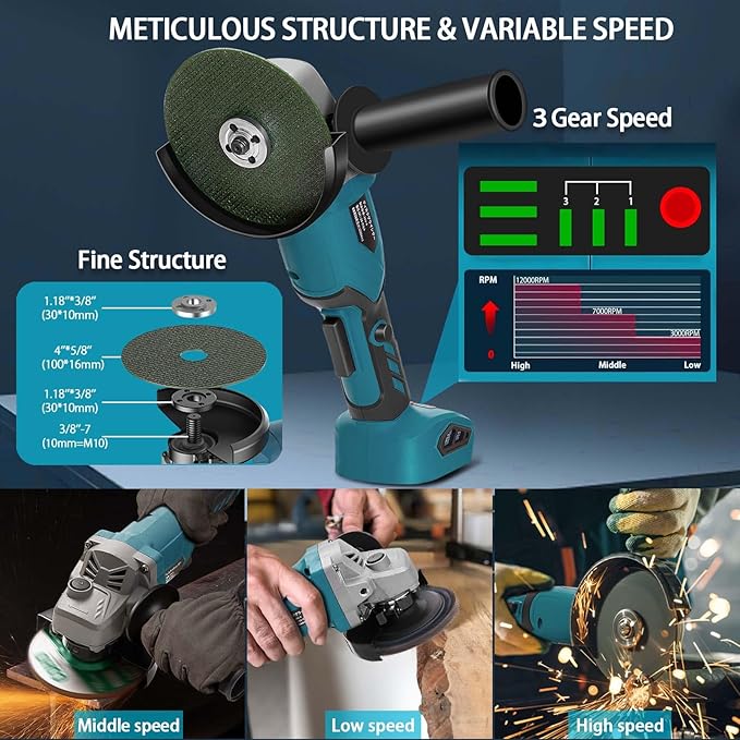 Angle Grinder, 4inch Cordless Angle Grinder, 18V/21V Grinder with 4000mAh Battery, 12000RMP Power Grinder Compatible with Makita Battery, Cutting/Deburring Grinder Tool