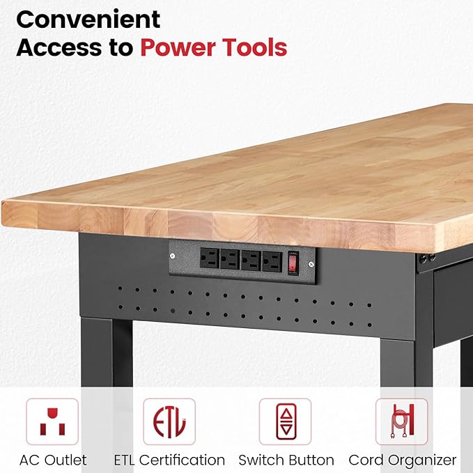Work Bench for Garage with Shelf Bracket 60 x 22 Inch Heavy Duty Rubberwood Tabletop Work Table Adjustable Height Workbench with Drawer, Power Outlets for Woodworking Shop, Home, Office
