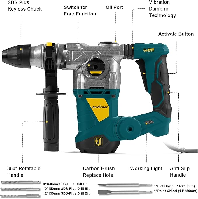 Enventor 1-1/4 Inch SDS-Plus 13A Heavy Duty Rotary Hammer Drill for Concrete Stone, Safety Clutch Electric Demolition Hammer Drill with 4 Functions, Vibration Control, Chisels, Drill Bits, Blue