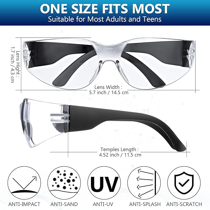 96 Pairs Clear Safety Glasses Bulk Adult Safety Goggles Unisex Eye Protection Glasses Impact Resistant Protective Eyewear with Assorted Color Frame for Men Women Lab Construction Carpentry Shooting