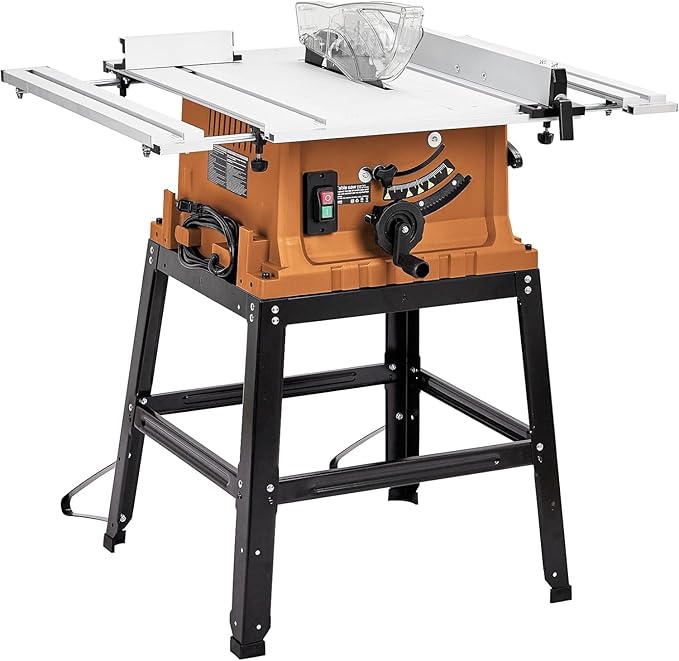 PioneerWorks 10 Inch Table Saw, 15A Multifunctional Saw With Stand & Push Stick, 90° Cross Cut & 0-45° Bevel Cut, 5000RPM, Adjustable Blade Height for Woodworking