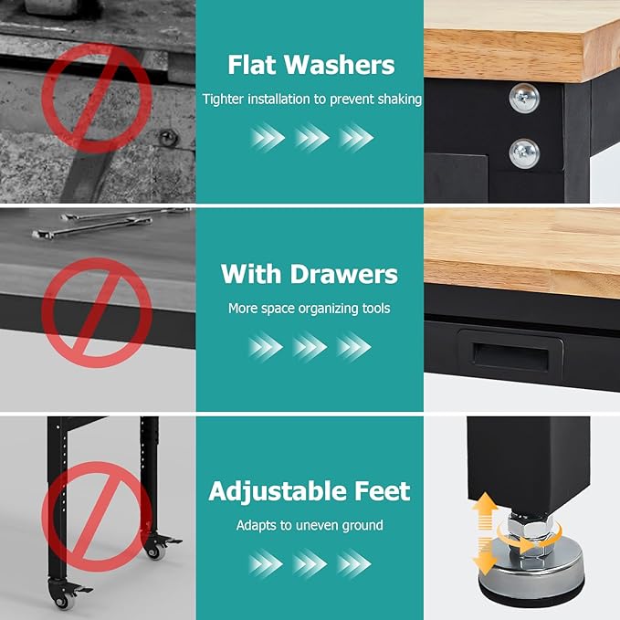 60 Inches Workbench, Rubber Wood Tabletop Work Table with 2 Drawers & Pegboard, 3000 LBS Heavy Duty Adjustable Height Work Bench with Power Outlets for Workshop, Office, Garage