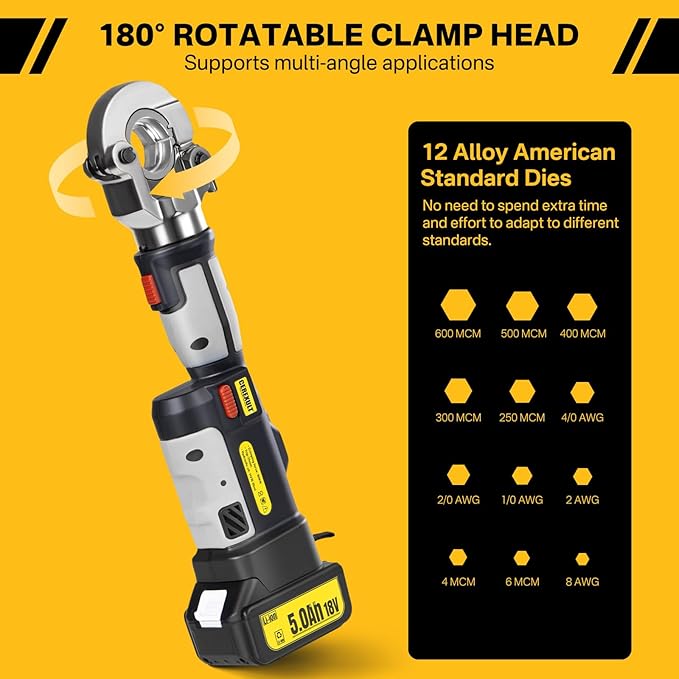 Electric Hydraulic Cable Lug Crimper Pliers,Rechargeable Crimping Tool,Straight-handled electric hydraulic pliers,Electrical Terminal Cable Wire Fiber Crimper Kit with 12 Dies, 6 AWG to 600 MCM