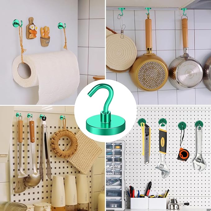 MIKEDE Strong Magnetic Hooks, 110Lbs Heavy Duty Magnetic Hooks for Cruise, Neodymium Earth Magnets with Hooks for Hanging, Super Metal Industrial Magnets for Grill, Storage (Green,10 Pack)