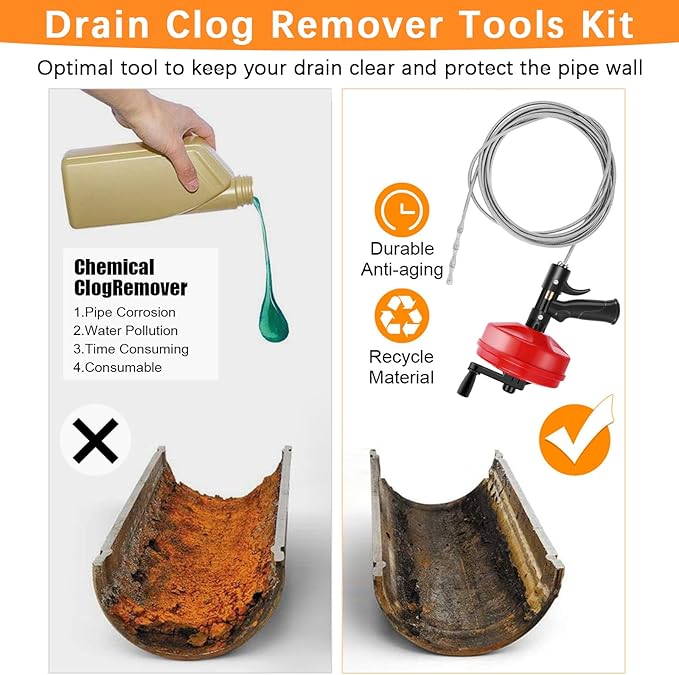 25 FT Drain Snake 2.0 with Double Mode, 10-In-1 Drain Auger for Sink and Drain Unblocking, Plumbing Snake for Real DYIs