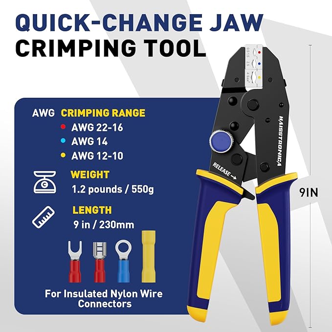 haisstronica Quick Change Jaws Crimping Tool for Insulated Nylon Wire Connectors AWG 22-10 Ratcheting Wire Crimper & Terminals - H5