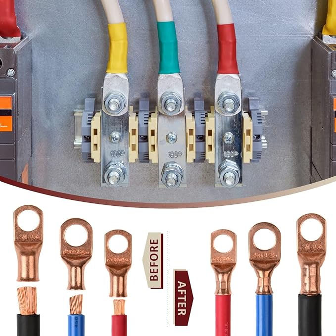 iCrimp Battery Cable Lug Crimping Tool Kit For Copper Lugs Awg 8-1/0,Battery Cable Crimper with Stripper 24pcs Copper Battery Lugs and 10pcs Heat Shrink Tubes, Include Wire Cutter