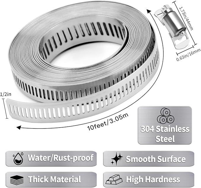 Hose Clamps 10FT Strap+5 Fasteners,DIY Cut-To-Fit 304 Stainless Steel Adjustable Large Worm Gear Band Clamp Assortment Kit,Metal Screw Fasteners and Strapping for Pipe,Duct,Pole,Tube