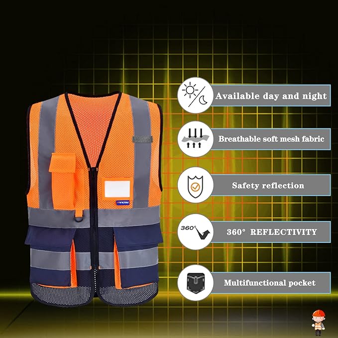A-SAFETY High visibility vest,Reflective Safety Vest Workwear 7 Pockets Hi Vis Durable Vest with Reflective Tapes 4 Lower Pockets,Orange&Navy XXXL