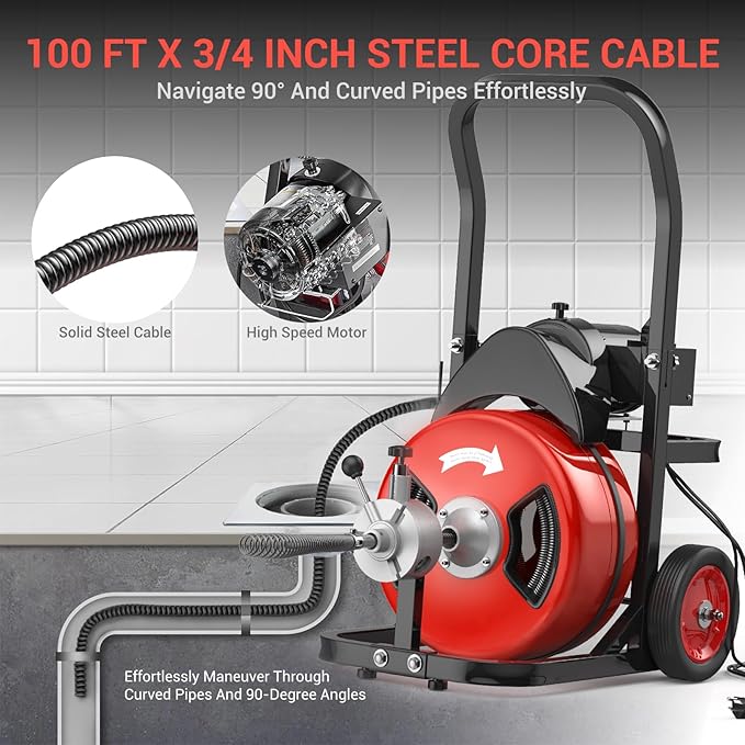 Electric Drain Cleaning Machine 100Ft 3/4 Inch, 750W Auto Feed Portable Sewer Snake, Drain Auger with 6 Cutter and Air-Activated Foot Switch for 4"–8" Pipes