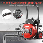 Drain Cleaning Machine 100Ft 3/4 Inch Cable, 750W Auto Feed Portable Electric Sewer Snake, Electric Drain Auger with 6 Cutter Air-Activated Foot Switch for 4" to 8" Pipes