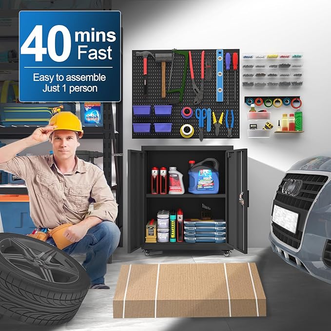 GREATMEET Metal Storage Cabinet with Locking Doors and Adjustable Shelves,31.5" H Lockable Rolling Garage Storage Cabinets with Wheels for Office,Home,Garage,Classroom Black