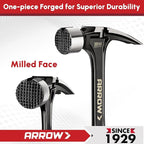 ARROW 20 oz Straight Claw Hammer with Magnetic Nail Holder, Side Nail Puller, Rip Claw Hammer with Milled Face & Shock Absorbing Grip, Heavy Duty One-piece Forged Hammer