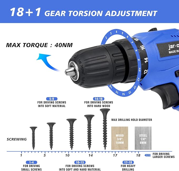 Jar-Owl 21V Cordless Drill, 350 in-lb Torque, 0-1350RMP Variable Speed, 10MM 3/8'' Keyless Chuck, 18+1 Clutch, 1.5Ah Li-Ion Battery & Charger for Home Tool Kit - Black & Blue