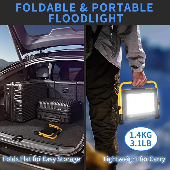 14400LM LED Work Light, 120W Flood Light with 16FT Cord & Switch, Portable Worklight with Stand, 5000K IP66 Waterproof Construction Lighting for Job Site Repairing Workshop Garage