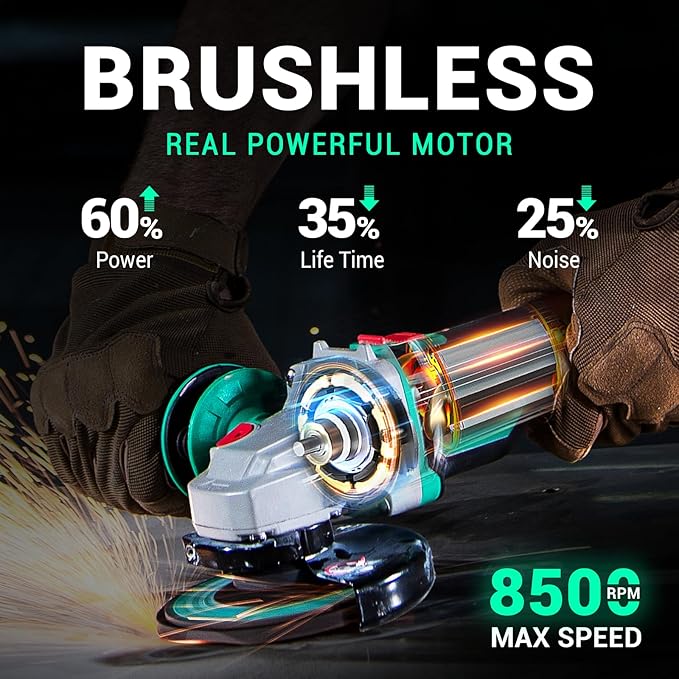 Brushless Angle Grinder 20V 4-1/2 inch, Cordless 4.0Ah Battery & 2A Fast Charger, 8500RPM, Power Angle Grinder with Cutting & Grinding Wheels, Flap Discs for Wood Metal & Rust Removal