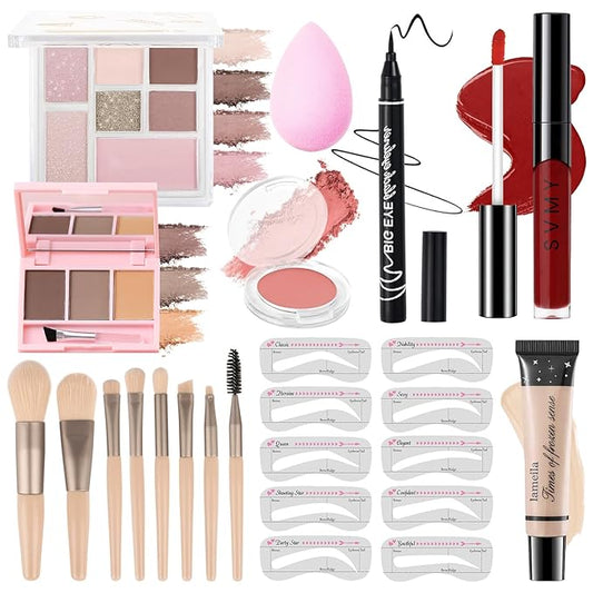 Makeup Kit for Teens Girls, Makeup Present Set for Women, Makeup Full Kit for Beginners, Mini Makeup Bundle Include 7 Pink colors Matte & Shimmer Pigmented Eyeshadow Palette, Eyebrow Powder-VeraVaultWomen