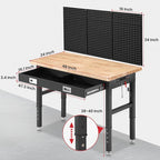 Workbench for Garage with Drawers 48 x 24 Inch Rubberwood Tabletop Work Table with Pegboard, Power Outlets Adjustable Height Work Bench for Woodworking Shop, Home, Office
