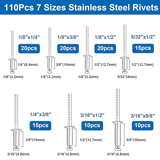 110pcs Steel Rivets 7-Sizes 304 Stainless Steel Rivets Assortment Kit 1/8",5/32",3/16" for Metal,Furniture,Automotive,Instruments