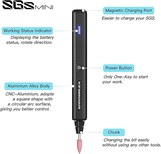 AM ARROWMAX Mini Electric Engraving Pen, 36 Bits With Aluminum Case, Bluetooth, APP, Cordless Mini Rotary Tool, Engraving Pen for Metal, Wood, Glass and Plastic, (SGS MINI) Black