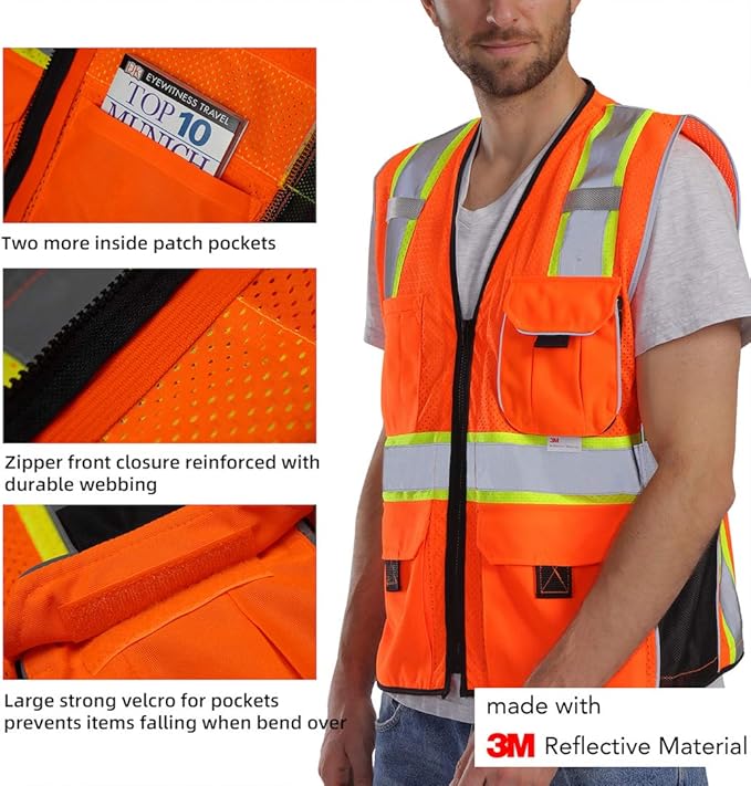 Dib Safety Vest Reflective Orange Mesh, High Visibility Vest with Pockets and Zipper, Heavy Duty Vest Made with 3M Reflective Tape 2XL