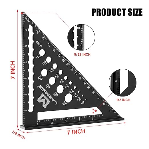 Carpenter Square 7 Inch Rafter Square Tool, Multi-Purpose Farming Carpenter Tools, Woodworking Square Laser Scales Anodized Ruler Body, Aluminum Metal Squares, Black