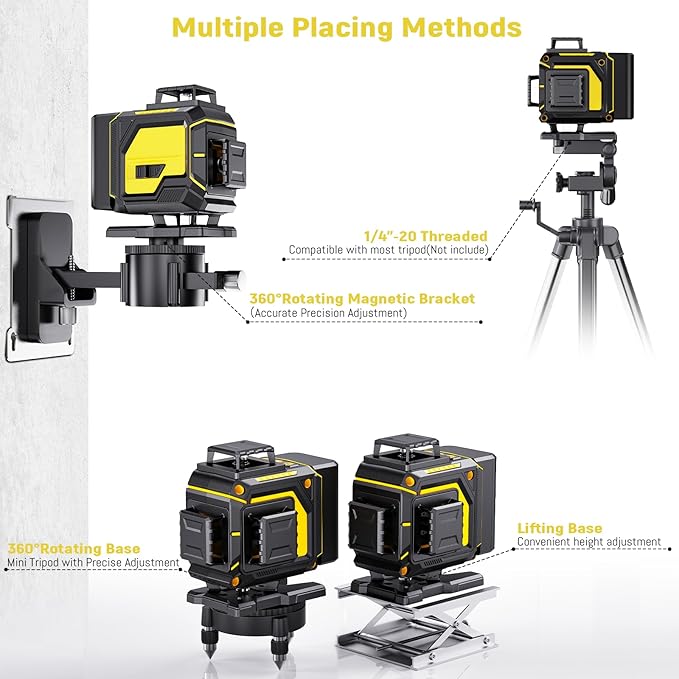 16 Line Laser Level 360 Self Leveling,4x360° Professional 4D Cross Line Green lazer Level with 2 Batteries for Construction and Picture Hanging,Adjustable Brightness Magnetic Bracket,Remote Control