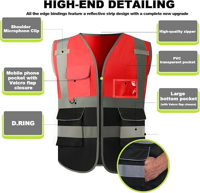 BeautyWill Custom Safety Vest Customized Logo Class 2 High Visibility Reflective Vest with Pockets Construction workwear