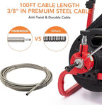 PIONEERWORKS 100Ft x 3/8In Drain Cleaner Machine, Auto-feed Professional 6.8A Electric Drain Auger, Air-Activated Foot Switch, w/ 6 Cutters, Gloves, Drain Auger Cleaner Sewer Snake