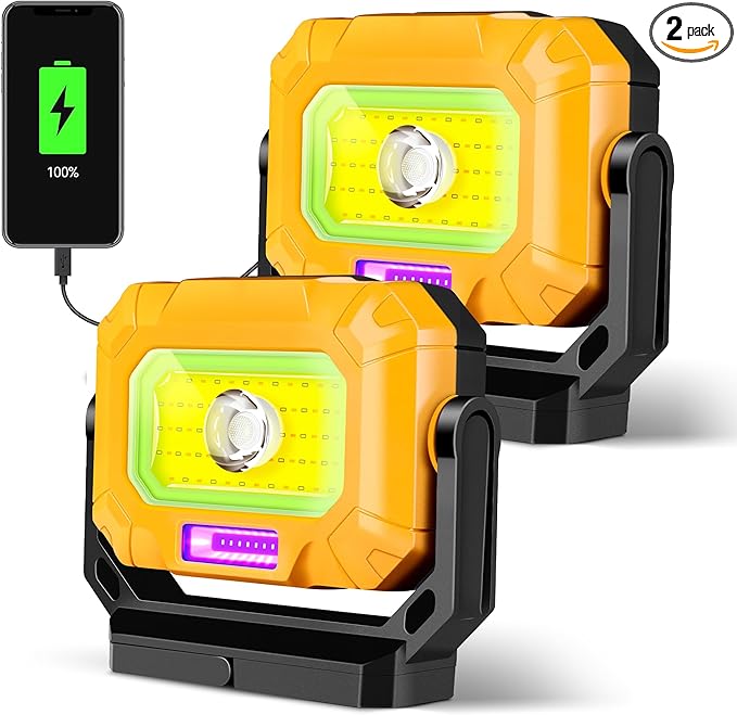 2Pack Magnetic Work Light, 1200LM COB LED Rechargeable Work Light with 15 Lighting Modes, 360°Rotatable Flood Lights for Car Repairing, Job Site Lighting Emergency Outdoor Camping Hiking