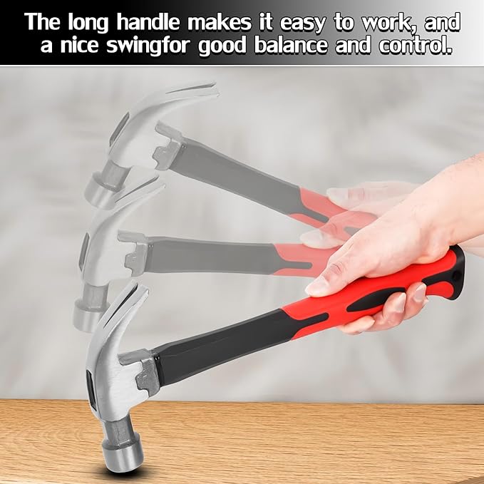 16OZ Claw Hammer with Fiberglass Handle, Drop Forged Claw Hammer, All Purpose Hammer, Smooth Face, Shock-Absorbing Grip