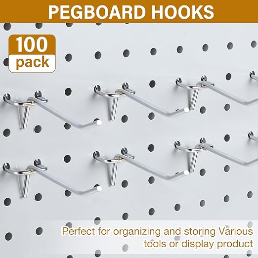 Shimeyao 100 Pcs Peg Board Shelving Hooks Stainless Steel Hanging Board Pegs Wall Display Hooks Bulk for 1/8 1/4 Garage Storage Organizer Accessories(2 Inch,Silver)