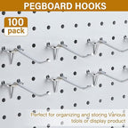 Shimeyao 100 Pcs Peg Board Shelving Hooks Stainless Steel Hanging Board Pegs Wall Display Hooks Bulk for 1/8 1/4 Garage Storage Organizer Accessories(2 Inch,Silver)