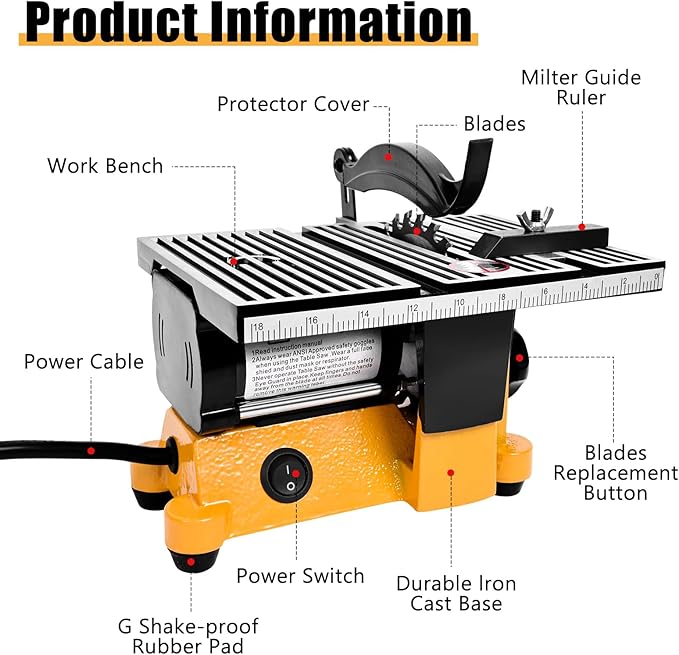 4" Mini Table Saw, 60W 110V Portable Miter Saw Table Saw Bench Electric Cutting Machine for DIY Handmade Woodworking Crafts, with 3 Blades