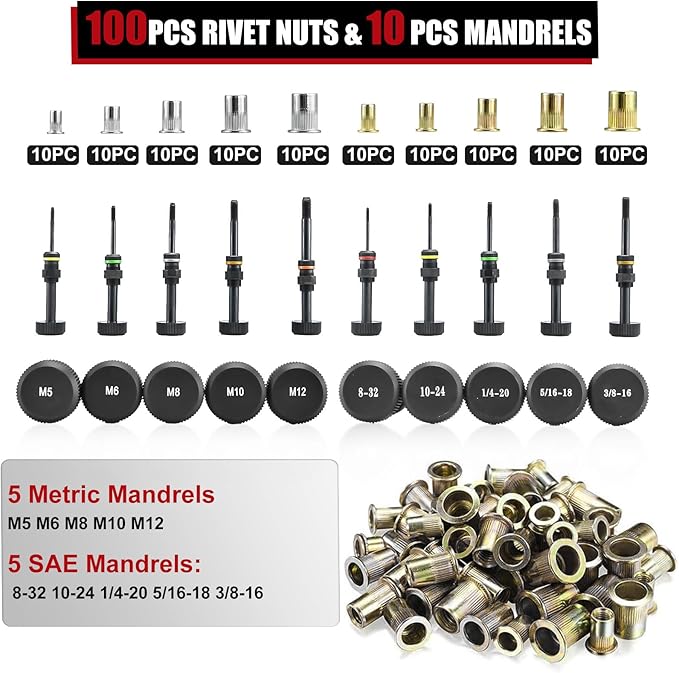AOBEN Rivet Nut Tool Kit, Nutsert Gun Kit, Upgraded Rivnut Tool with 10 Metric and SAE Madrels, 100 Pcs Rivnuts, and Rugged Carrying Case